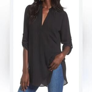 All In Favor Black Chiffon 3/4 Sleeve Roll Tab V-Neck Popover Blouse Size Small